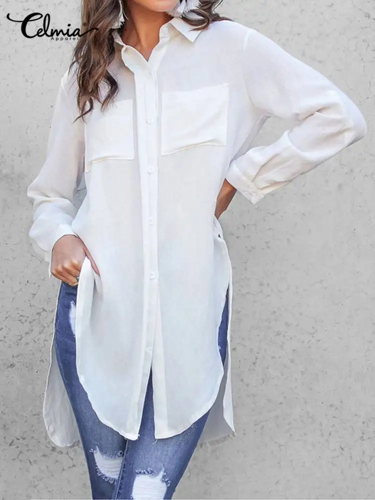 

Women Office Wear White Shirts Celmia Casual Loose Thin Blusas Long Sleeve 2023 Fashion Autumn Button Up Split Hem Long Blouse