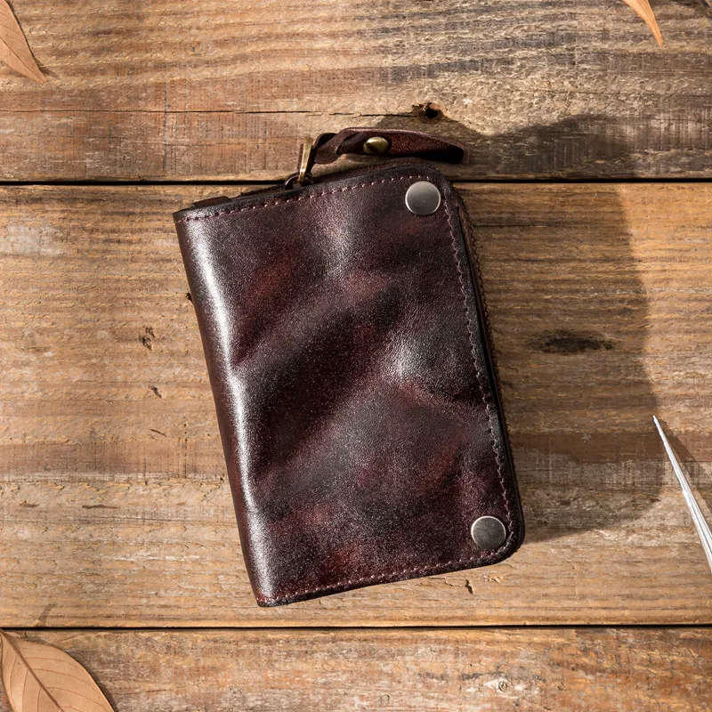 Retro fashion high quality natural genuine leather men's and women's short wallet outdoor daily real leather storage key case