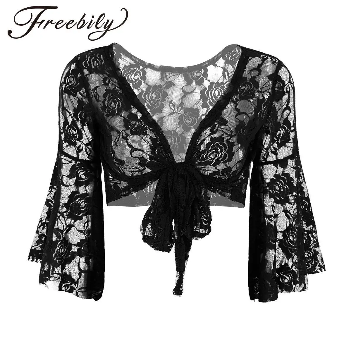 

Womens Long Sleeves Floral Lace Shrug Bolero Belly Dance Top Cover Up Open Front Cardigan Wraps Cropped Jacket for Wedding