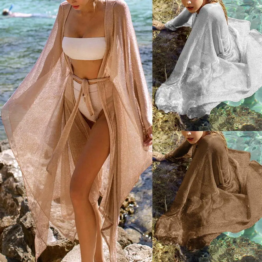 

Sexy Swimsuit Cardigan Solid Color Sunscreen Women Mesh Long Cardigan Swimsuit Cover Up