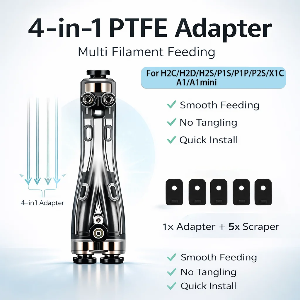 Фото Оригинальный адаптер PTFE 4-в-1 для 3D-принтеров Bambu Lab H2C/H2D/H2S/P1S/P1P/P2S/X1C/A1/A1MINI, совместимость с несколькими типами филамента №2