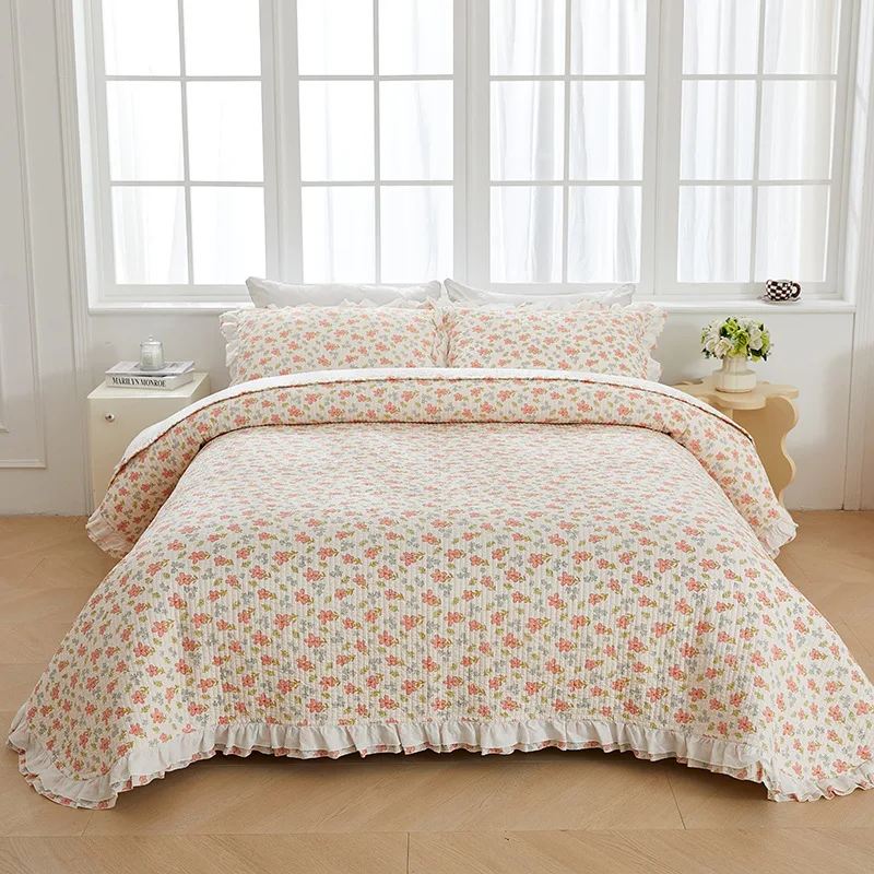 

Ruffles Style Cotton Quilt Set 3pcs Quilted Bedspread on The Bed Linen Floral Coverlet Duvet Quilting Blanket Padding Bed Cover