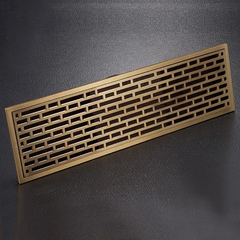 free shipping antique brass 8 x 28cm bathroom linear shower floor drain wire strainer waste drainer flower carved fd015 free global shipping