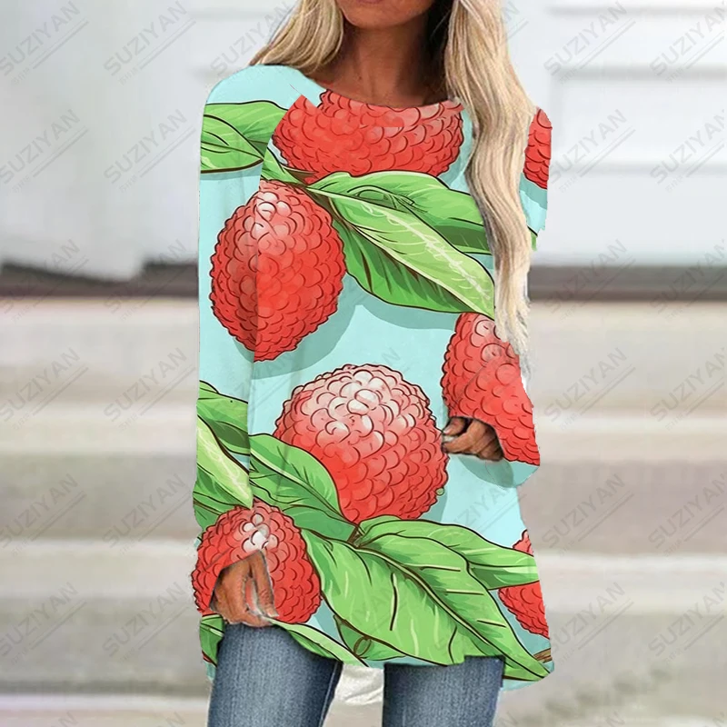 

Female Daily Casual Dress Loose Round Neck Long Sleeve Dress Spring and Autumn Classic Dress Lychee Fruit 3D Printed Dress