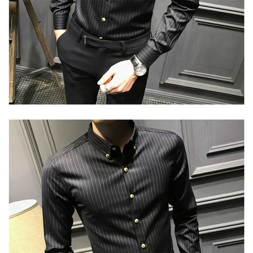 2023 new autumn men's long-sleeved shirt striped Korean version slim black trend shirt