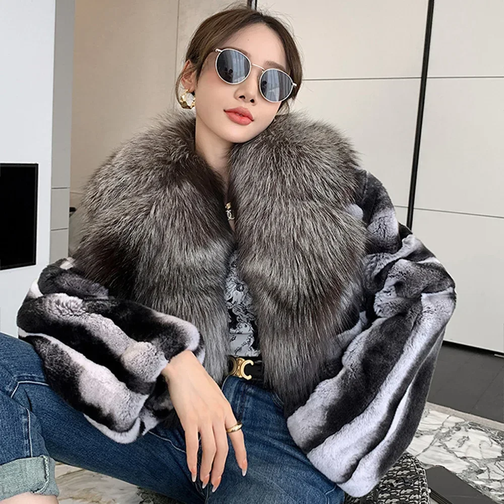 

2023 New Women's Winter 100% Real Rex Rabbit Fur Natural Fur Coat With Chinchilla Color Hood Thickened Warm With Zipper Design
