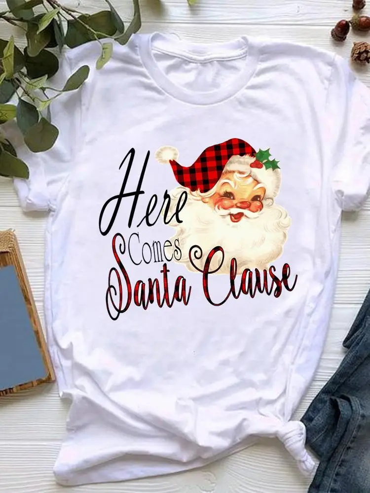 

Женская одежда на Рождество, футболка с графическим принтом, праздничная клетчатая футболка с надписью, милая трендовая одежда, модная базо...