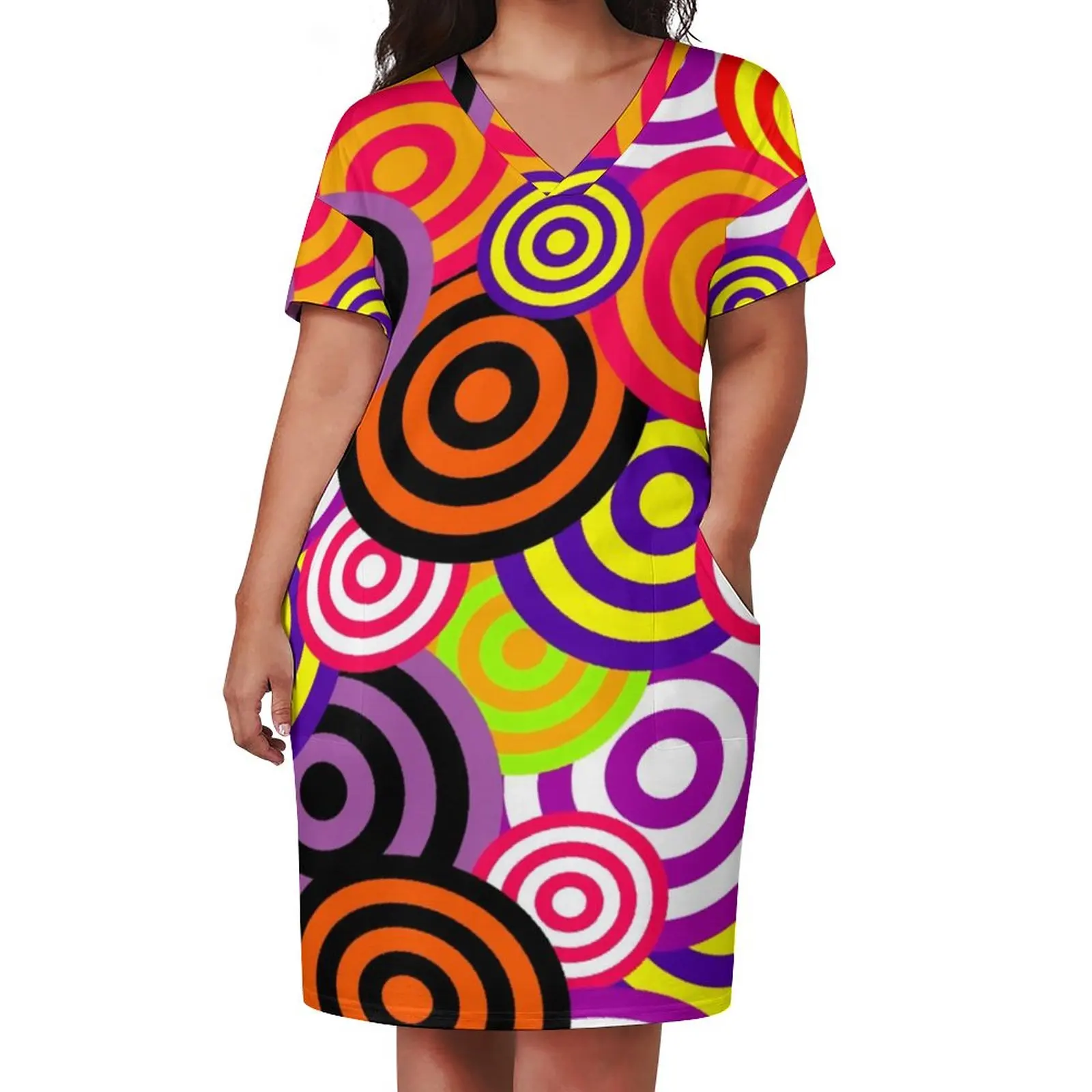 Vintage 70S Dress Plus Size Colorful Circles Print Aesthetic Casual Dress Women Summer Short Sleeve Retro Dresses Birthday Gift