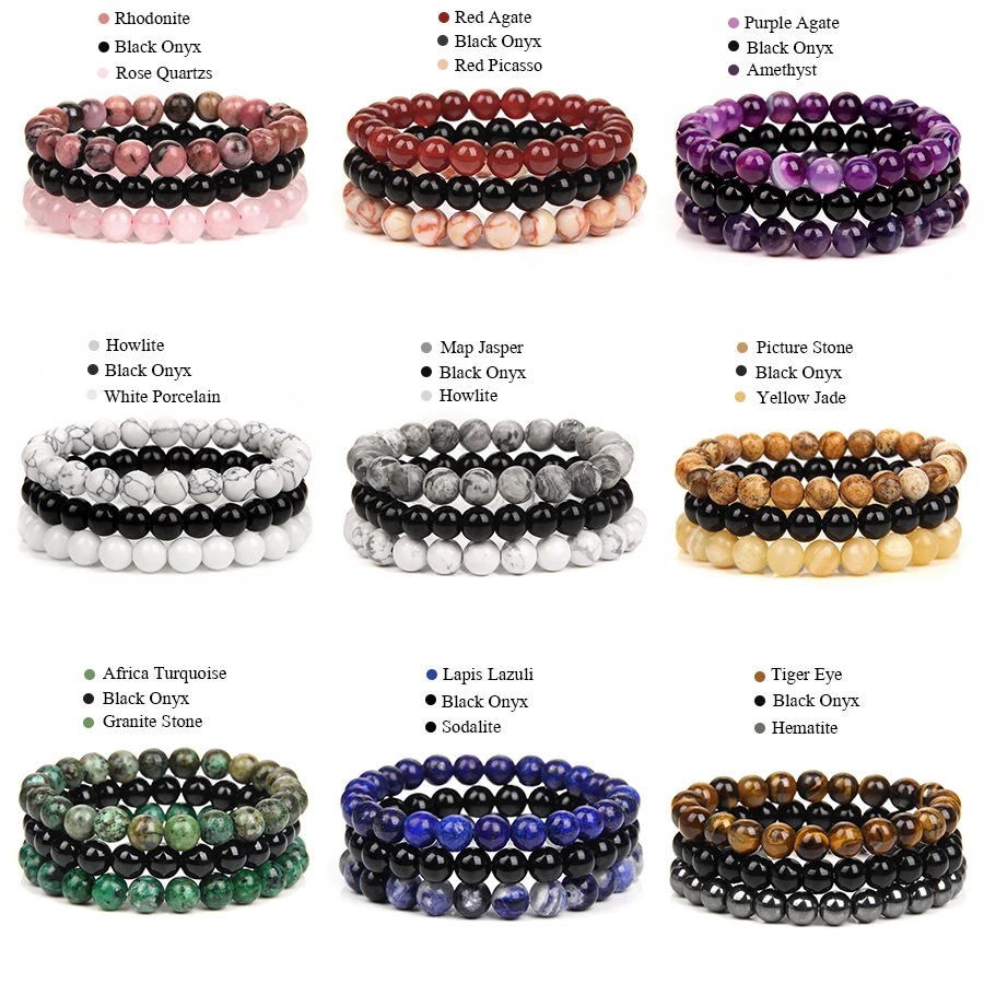 3 шт./компл. Набор браслетов из натурального камня и бусин черный оникс агат