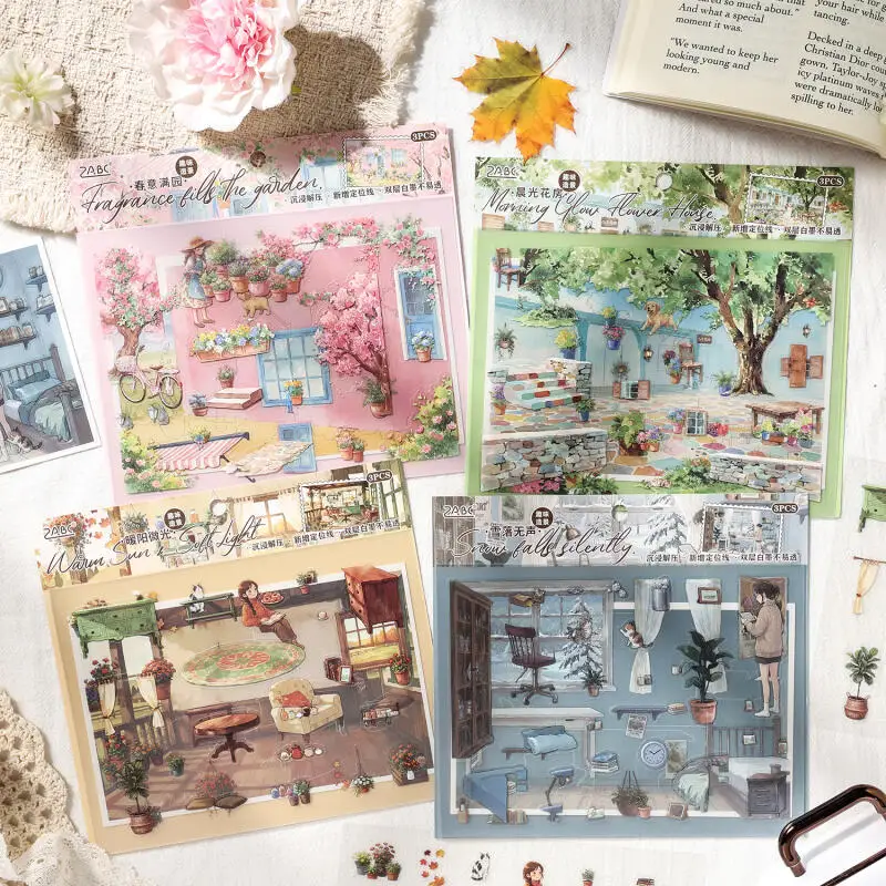 Фото Набор из 3 наклеек Card Lover [Серия Floating Light Atlas] с пейзажами для уютной комнаты: утренние цветы, дом, весенний сад, двор №2