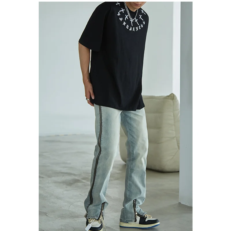 Streetwear Men 2022 New Vintage Straight Tube Side Zipper Recreational Jeans Simplicity Temperament Blue Trousers Autumn Female