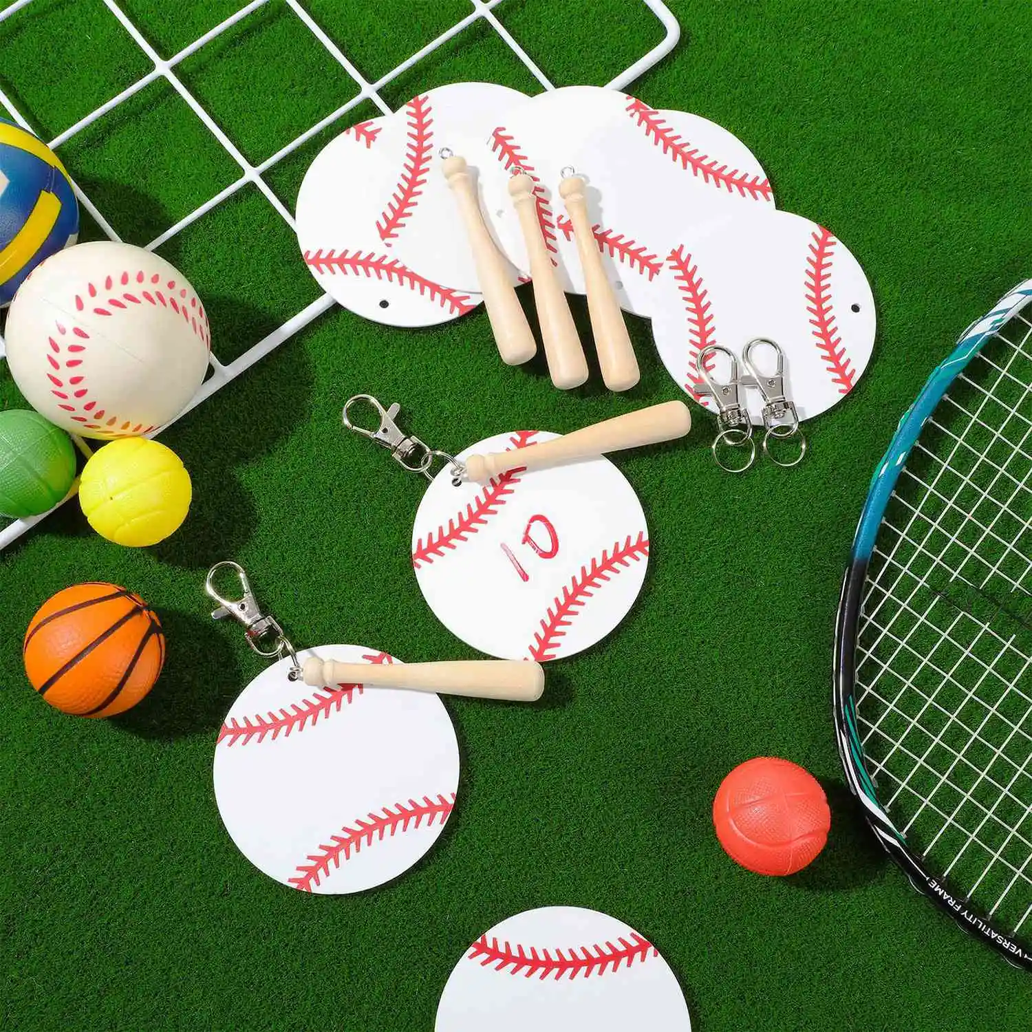 Baseball Acrylic Keychain Blank Kit 12 Lanks Swivel Lanyard Snap Hook with Key Rings Wooden Bats White
