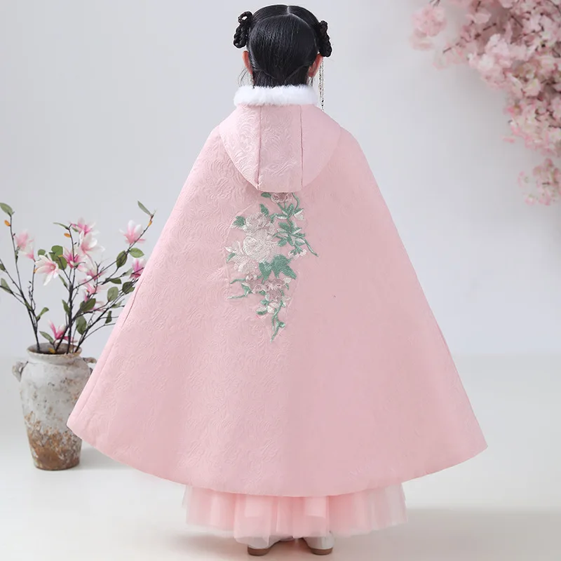 Зимняя детская китайская Милая хлопковая накидка Hanfu с вышивкой одежда хлопковой