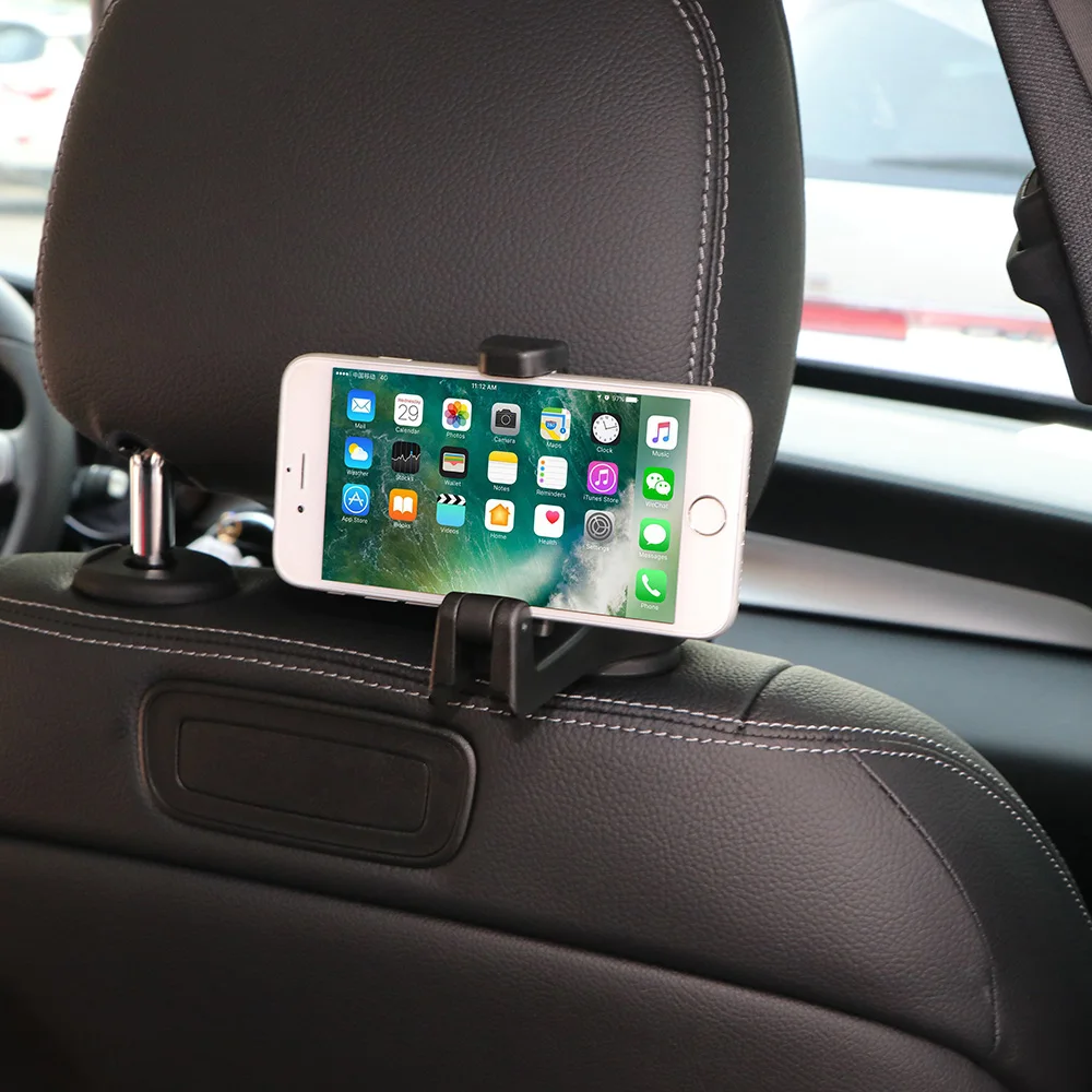 

Universal 2 In 1 Car Headrest Hook With Phone Holder Seat Back Hanger For Bag Handbag Purse Grocery Cloth Foldble Clips 2022 New