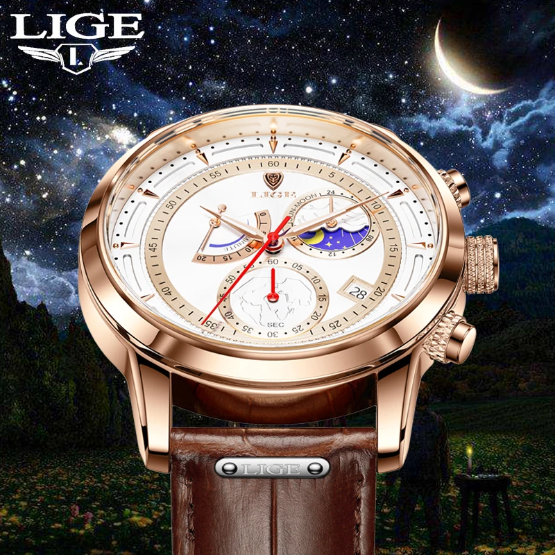 Часы наручные LIGE Мужские кварцевые брендовые Роскошные деловые модные