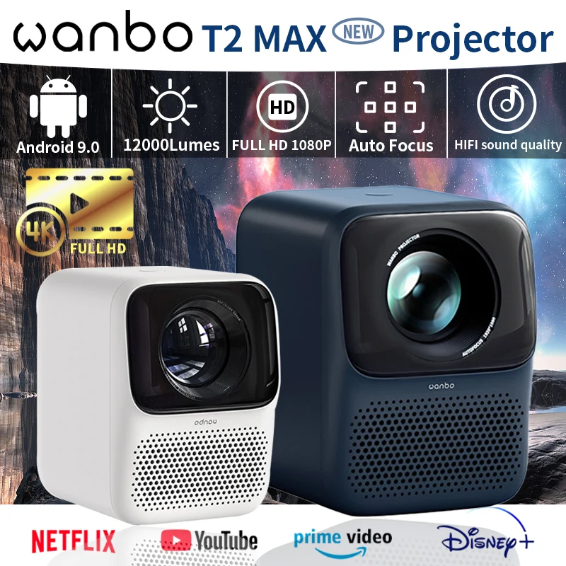 

Wanbo T2 Max NEW Projector Full Hd 4K Auto Focus Projector 12000 Lumens 1920*1080P Android 9.0 HIFI Sound Home Outdoor Projector