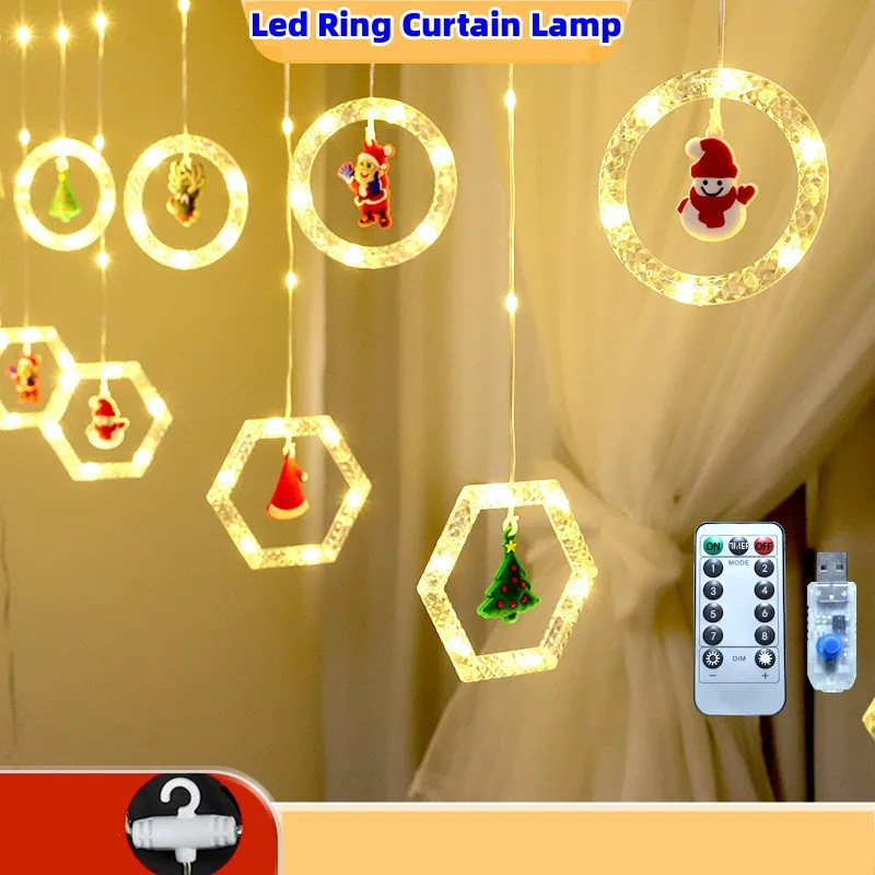 

New USB Power Led Curtain Lights Hexagonal ring curtain Lights String Fairy Christmas Wedding Holiday New Year for Home Decora