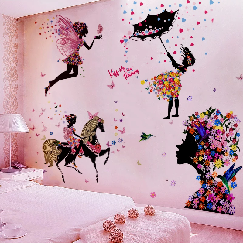 

Cartoon Butterfly Fairy Floral Girl with Umbrella Wall Stickers for Girl Bedroom Children Room Wall Decals Colorful Flowers PVC