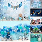 Фон для студийной фотосъемки новорожденных с изображением голубых воздушных шаров медвежонка звезд