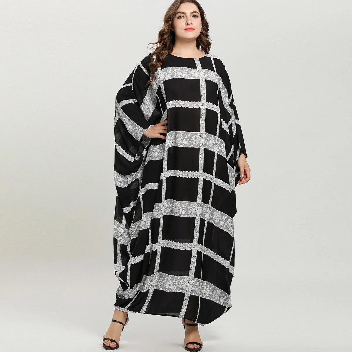 Plus Size Dresses for Women 4xl 5xl 6xl Casual Checked Lace Abaya Femme Patchwork Runway Robe Large Party Long Sleeve Clothing