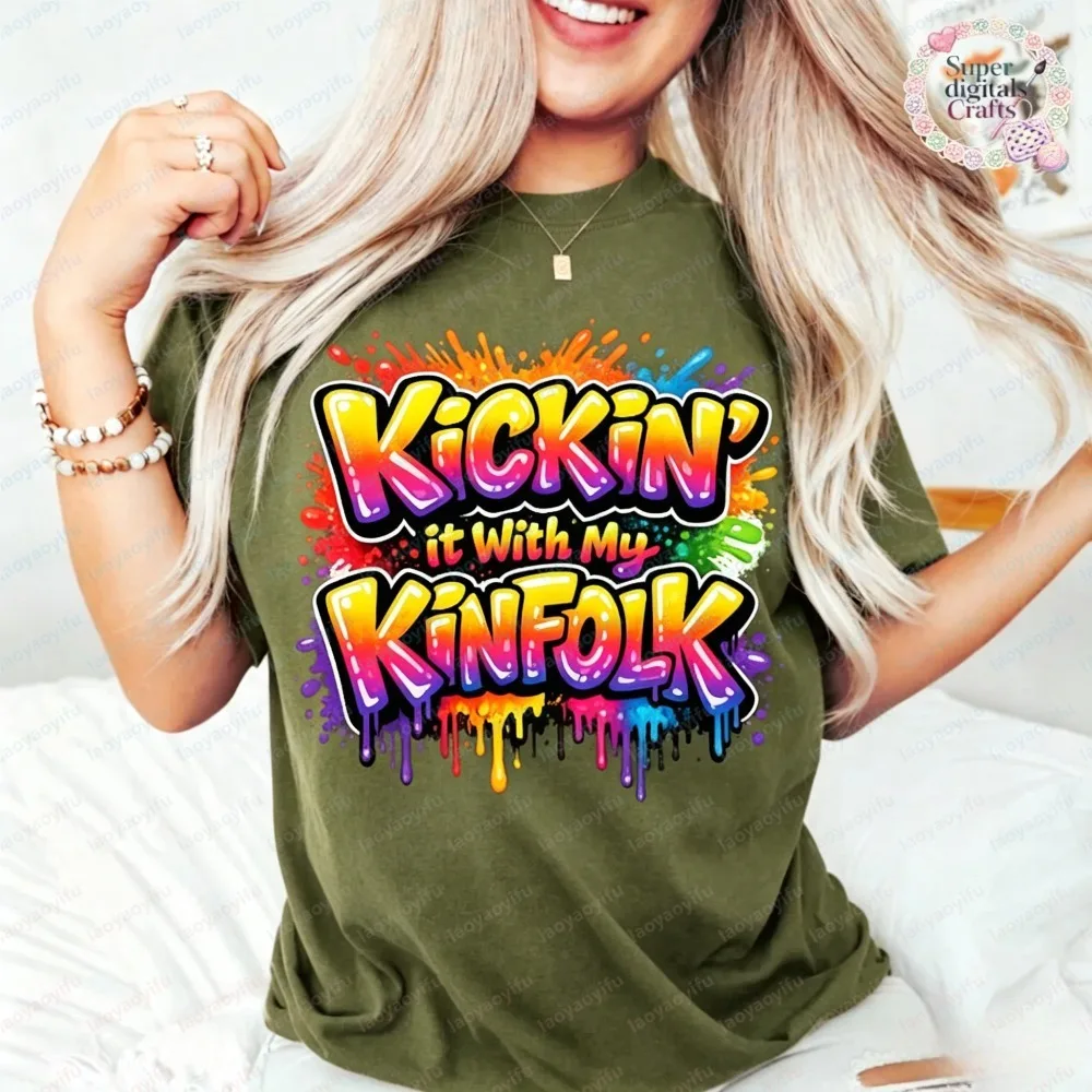 Фото Женская модная летняя футболка с коротким рукавом в стиле граффити Kickin It With My Kinfolk, красочная уличная одежда, повседневные топы №4