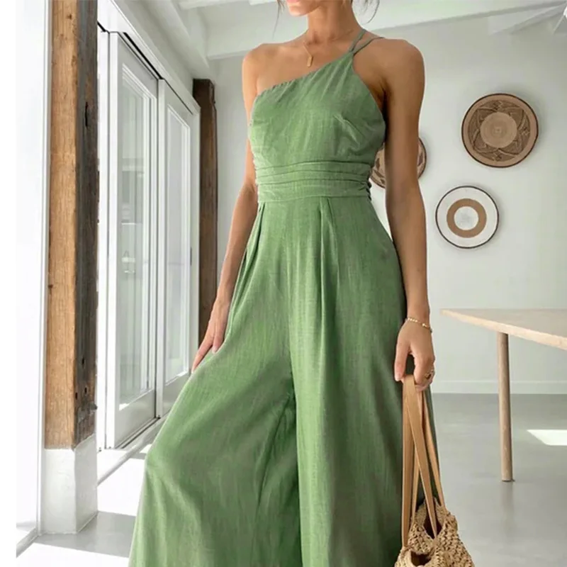 

Summer Sexy Corset Linen Jumpsuit Romper Women Elegant Fashion Sleeveless High Waist One Shoulder Loose Wide Leg Pants Onepieces