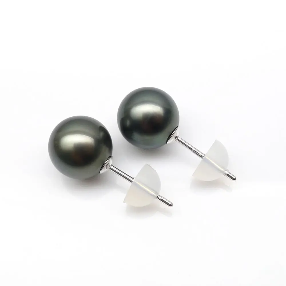 

Free Shipping 18K White Gold Round Black Tahitian Sea Cultured Pearl Ear Stud Earrings 8.5-9mm
