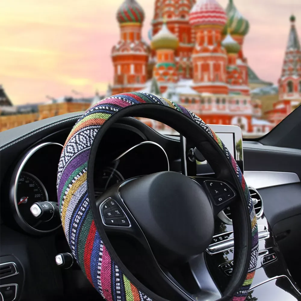 

Car Accessories Elastic Car Styling Ethnic Style Car Steering Wheel Cover Linen Universal