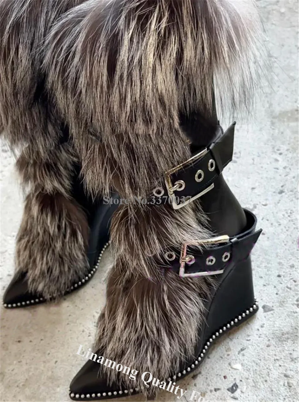 Linamong Роскошные ботинки на танкетке до середины икры украшенные натуральным