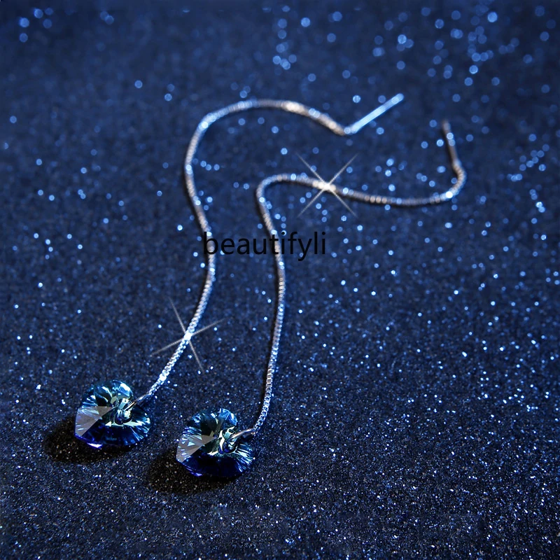 

zqHeart Crystal 925 Sterling Silver Ear Line Women's Long Korean Water Drop Earrings Tassel Earrings