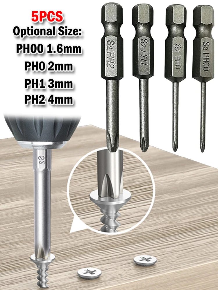

5 Pcs Cross Screwdriver Bits 6.35mm Hex Shank 50mm Cross Screwdriver Bits Electric Driver Tools PH00 PH1 PH2 Tool Accessories