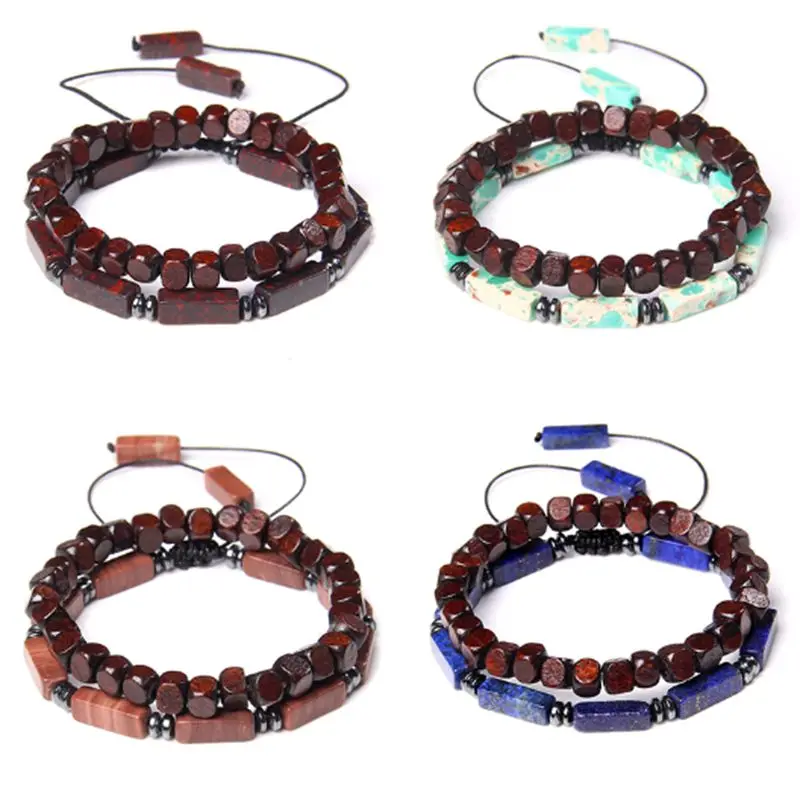 

2pcs/set Fashion Men Women Bracelet Natural Stone Braided Bracelet Lapis Lazuli Shoushan Stone Wood Grain Stone Bangle Jewelry