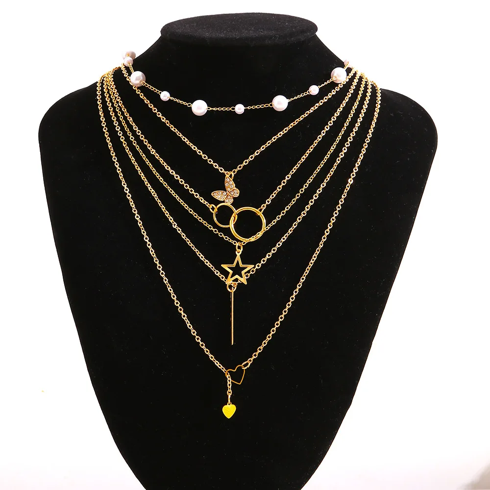 

Fashion Multilayer Chokers Necklaces Vintage Butterfly Star Heart Pendant Charms Necklaces for Women Pearl Necklaces Jewelry