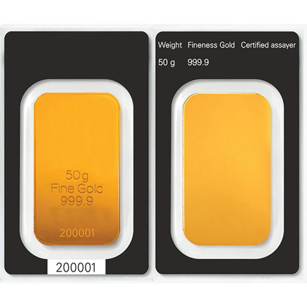 

50 gram 24K Gold Plated Copper Copy Bar Switzland Bullion Ingot Replica (Non-magnetic) Different Serial Number in Sealed Holder