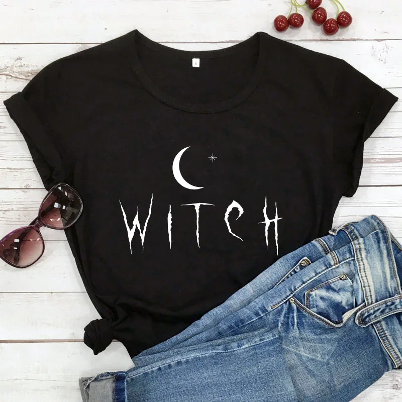 Witch Star Moon Print Women T Shirt Short Sleeve O Neck Loose Women Tshirt Ladies Tee Shirt Tops Camisetas Mujer