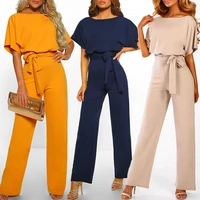 womens summer solid retro elegant jumpsuit short sleeve high waist straight pants with belt bodysuit office lady formal rompers