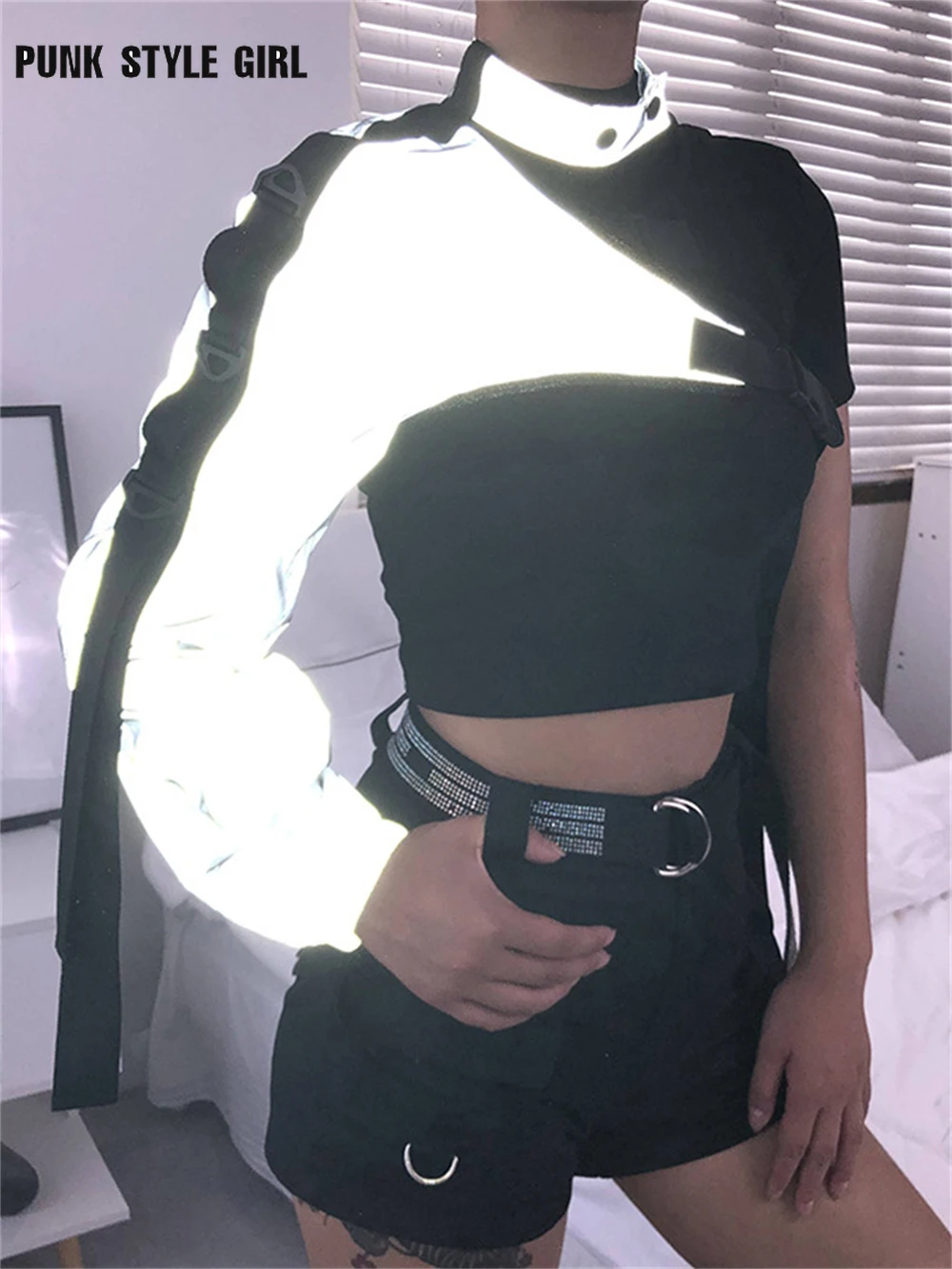 

Fluorescent Creative Flash Back Tops for Women Irregular Harajuku Fashion Punk Casual Streetwear One Shoulder Sleeve T Shirts