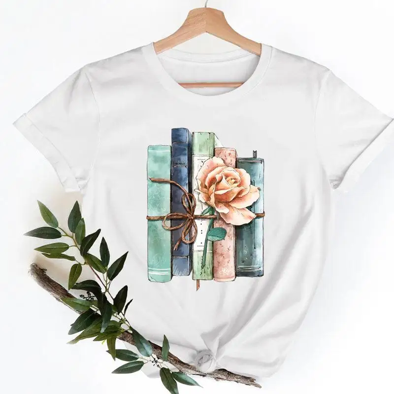 

Футболка женская с коротким рукавом, Повседневная модная рубашка с принтом книги, любви, цветов, 90-х годов, топ с графическим принтом, на лето