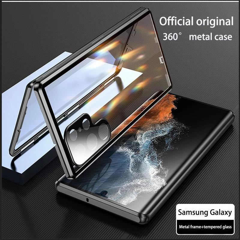 

Чехол для Samsung Galaxy S23, S22, S21 Ultra Note20, металлический чехол с объемным покрытием на 360 ° и защитным стеклом для камеры