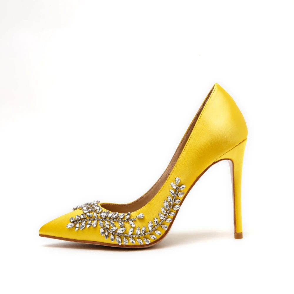 Roni Bouker New Spring Summer Yellow Satin Diamond Pumps Women Party Wedding Shoes Woman Handmade Stelitto High Heels Size 42