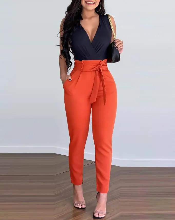 

Sexy Plain Skinny Bodysuit & Belted Pants Set Plunging Neck Work Lady Sleeveless Top Office 2023 Summer Fashion Women's Set