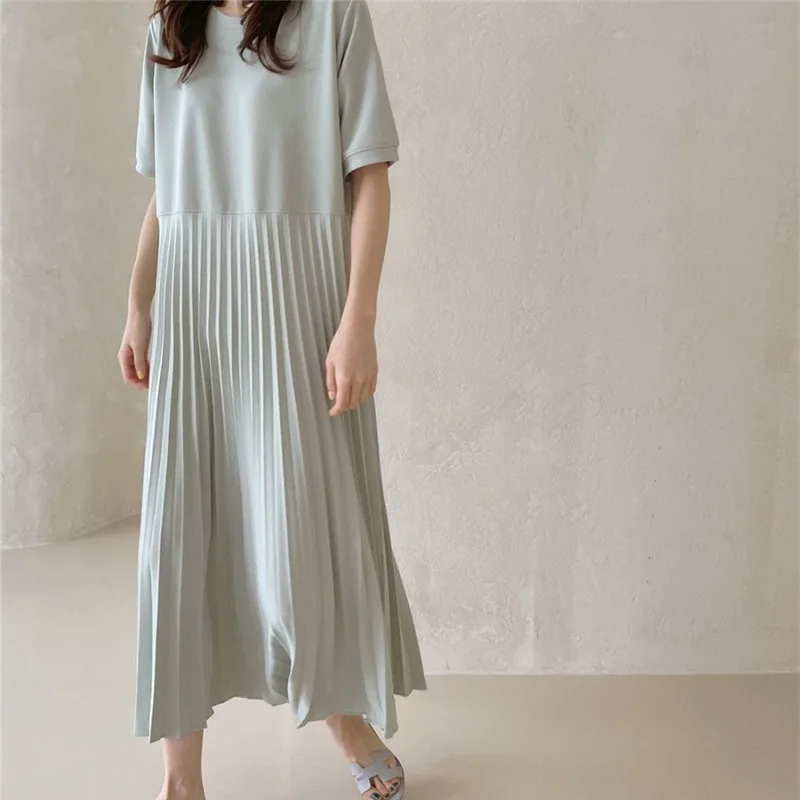

SuperAen New Spring Casual Dress Women's Short Sleeve Korean Pleated Loose Oversized Fashion Long Dress