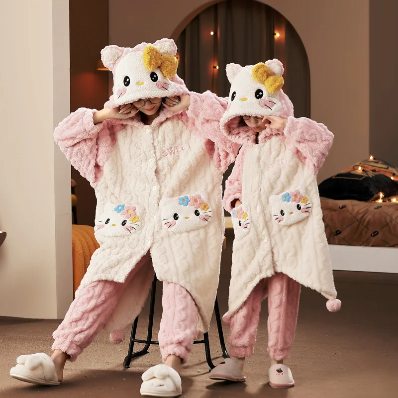 

Аниме Kawaii Sanrio, Hello Kitty My Melody Cinnamoroll Женская Коралловая флисовая Пижама осень-зима новый фланелевый комплект для мамы и дочки
