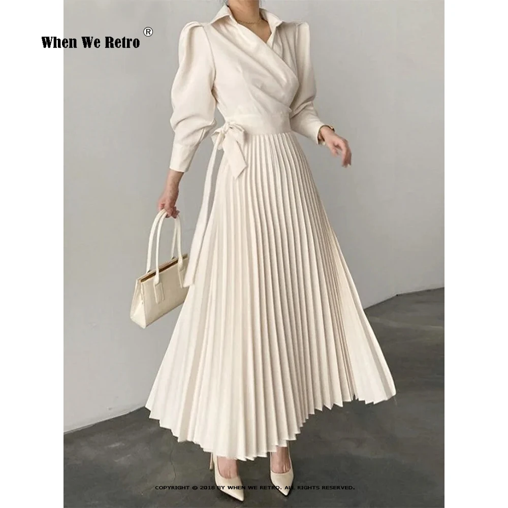

Elegant Women Puff Sleeve Pleated Long Dress Turndown Collar Spring Autumn Office Ladeis Dress Black Pink Vestidos RS1315