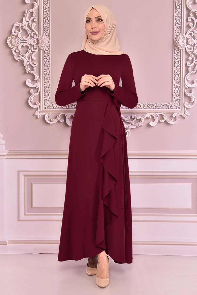 Платье с поясом бордового цвета KBR70302
