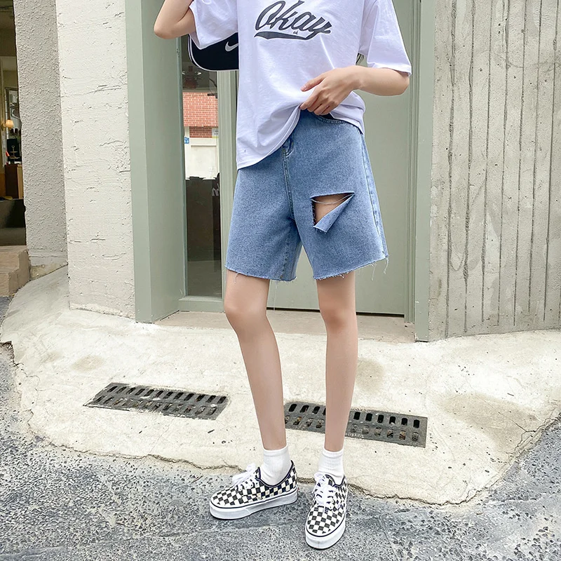 Hole Straight Jeans Women's summer Shorts korean Women's Clothes Pants Loose Cotton Blend Vintage Shorts