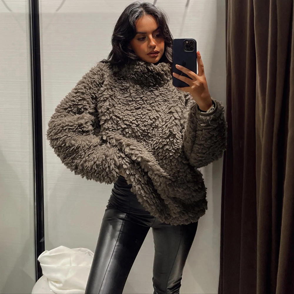 

Женские свитера из овечьей шерсти на осень и зиму, милые теплые пушистые джемперы, пуловеры, свободный уютный свитер с высоким воротником, в...