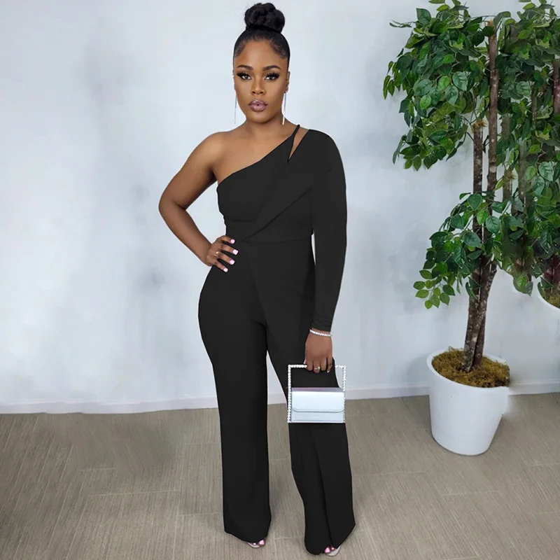 Women Solid Jumpsuits Autumn Long Sleeve Single Shoulder Casual Wide Leg One Piece Overall Rompers Sexy Club Bodysuits S-XXL