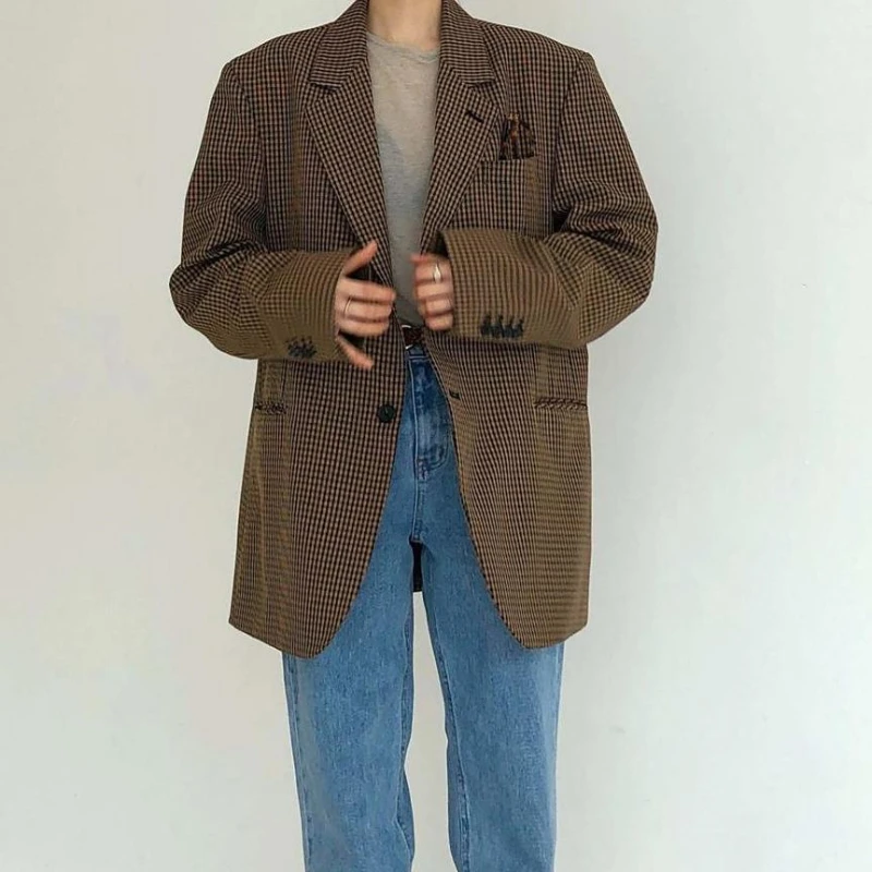 

Women's Autumn Vintage Plaid British Style Blazer Suit Coat Commuter Casual Plaid Print Suit Collar Short Coat Blazers For Women