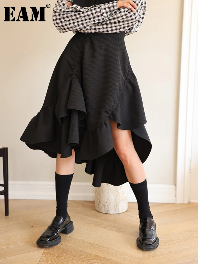 [EAM] High Waist Black Irregular Design Hem Ruffles Holiday Half-body Skirt Women Fashion Tide New Spring Autumn 2023 1DE9494